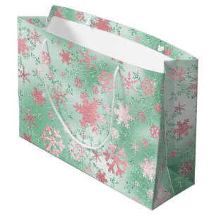 Elegant Green & Pink Christmas Snowflake Pattern Large Gift Bag