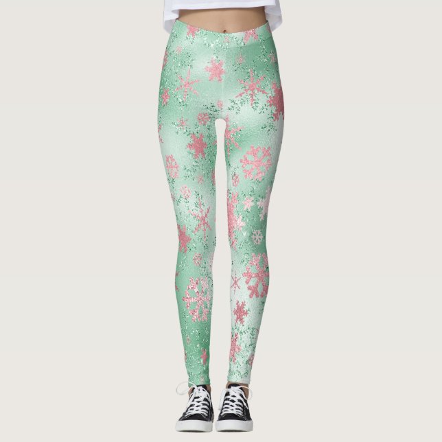 Elegant Green Pink Christmas Snowflake Pattern Leggings (Front)