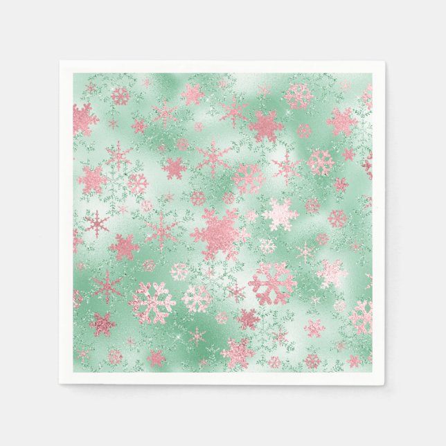 Elegant Green & Pink Christmas Snowflake Pattern Napkin (Front)
