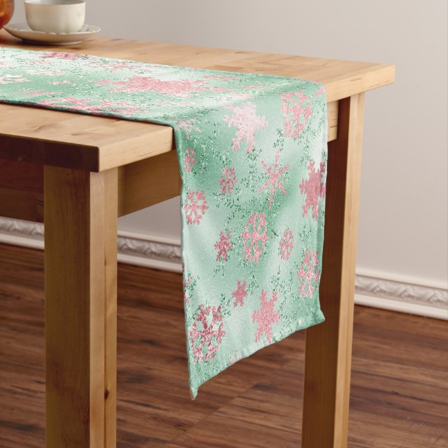 Elegant Green Pink Christmas Snowflake Pattern Short Table Runner (In Situ)