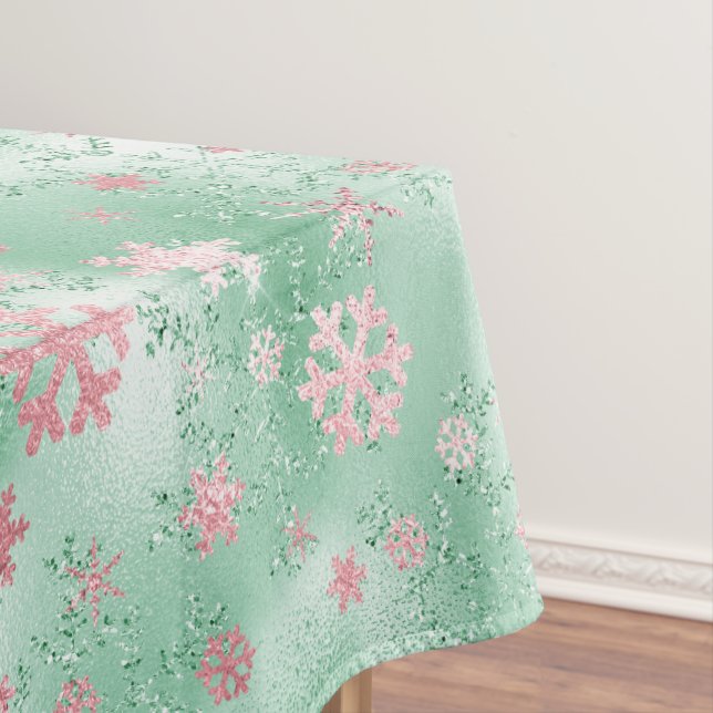 Elegant Green Pink Christmas Snowflake Pattern Tablecloth (In Situ)