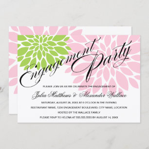 Elegant Green Pink Floral Burst Engagement Party Invitation