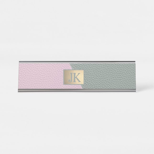 Elegant Green Pink Leather Monogram   Desk Name Plate (Front)