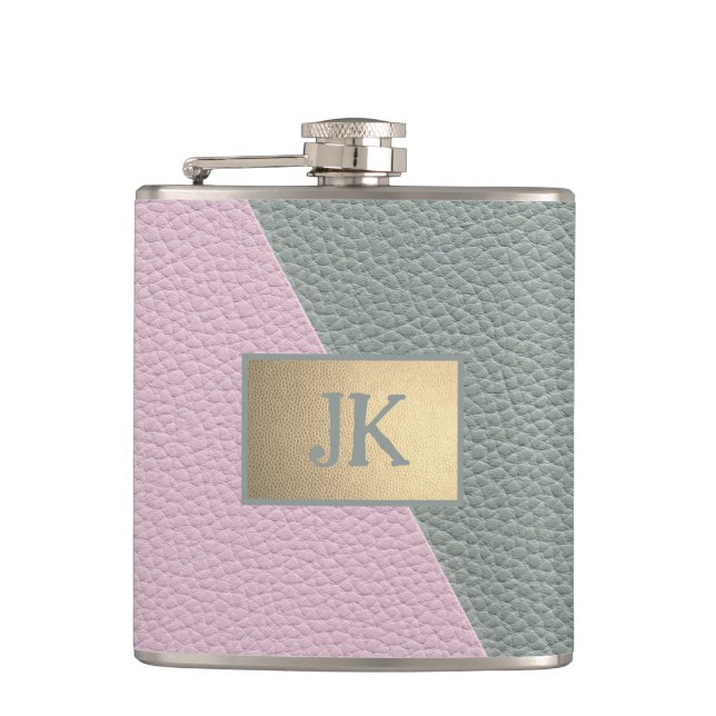 Elegant Green Pink Leather Monogram   Hip Flask (Front)