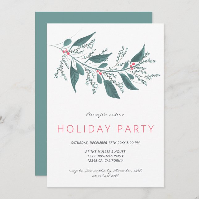 Elegant green pink mistletoe branch Holiday party Invitation (Front/Back)