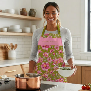 Elegant Green pink Trendy Floral Grace Typography  Apron