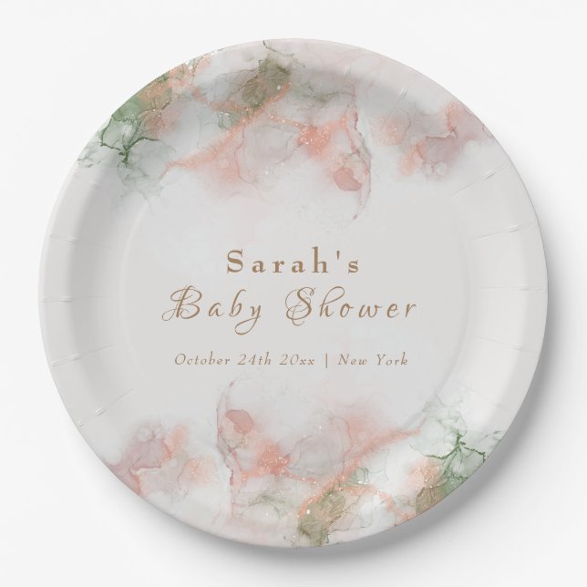 Elegant Green Pink Watercolor Agate Baby Shower  Paper Plate (Front)