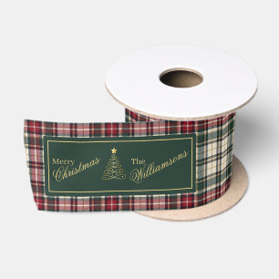 Elegant Green Plaid Family Name Christmas Tree Satin Ribbon