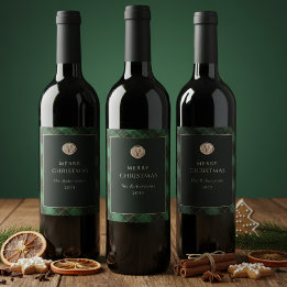Elegant Green Plaid Merry Christmas Festive Wine Label