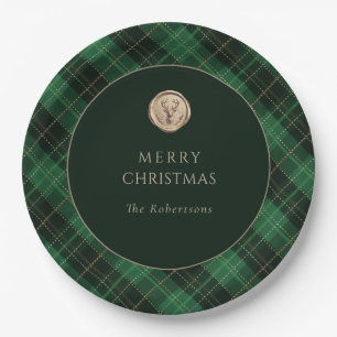 Elegant Green Plaid Merry Christmas Holiday Party Paper Plate