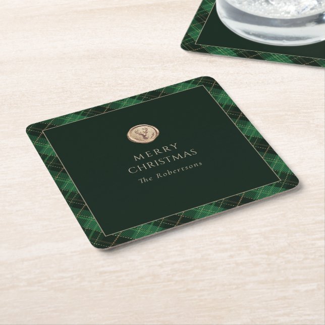 Elegant Green Plaid Merry Christmas  Square Paper Coaster (Angled)