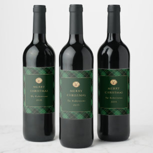 Elegant Green Plaid Merry Christmas Wine Label