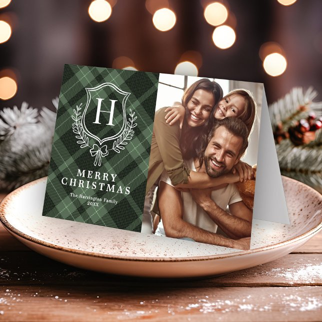 Elegant Green Plaid Monogram Photo Christmas Holiday Card (Creator Uploaded)