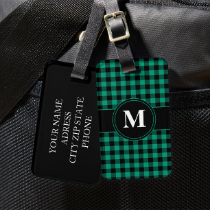 Elegant Green Plaid Pattern Monogram Luggage Tag