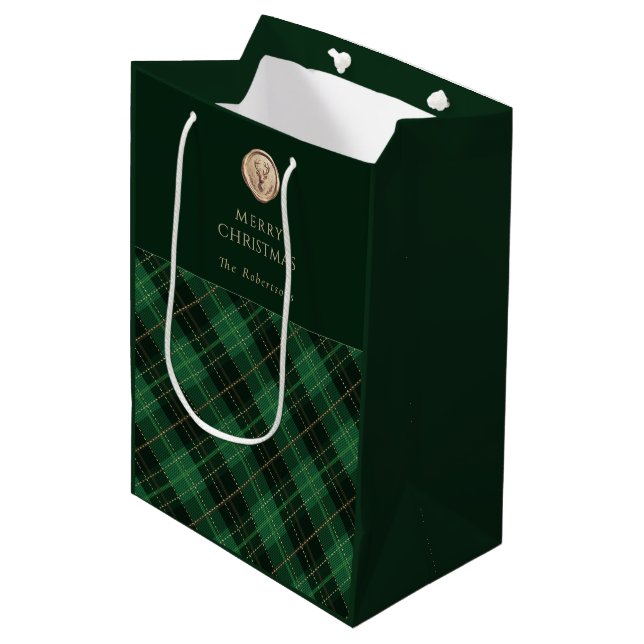 Elegant green plaid personalized  medium gift bag (Front Angled)