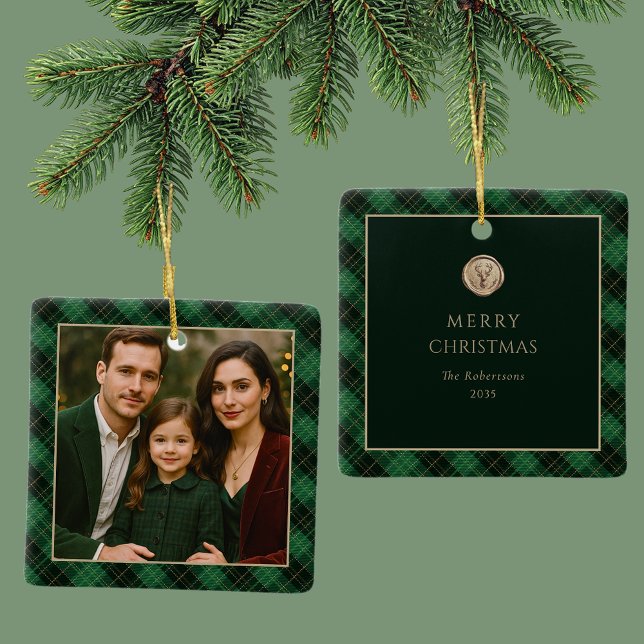 Elegant Green Plaid Personalized Photo  Ceramic Ornament (Creator Uploaded)