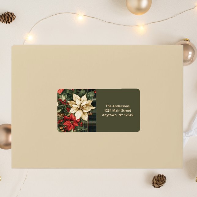 Elegant Green Plaid Poinsettias Christmas Address Label (Creator Uploaded)