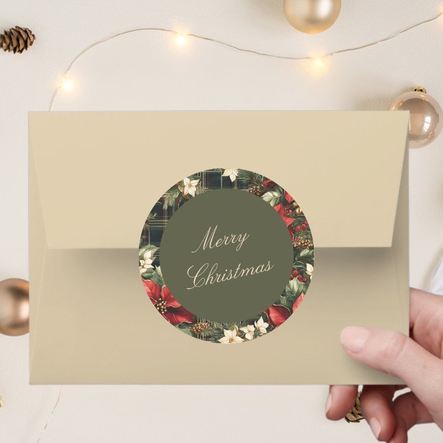 Elegant Green Plaid Poinsettias Merry Christmas Classic Round Sticker (Creator Uploaded)