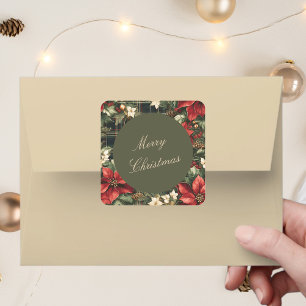 Elegant Green Plaid Poinsettias Merry Christmas Square Sticker