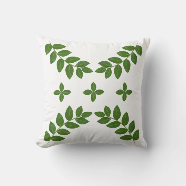 Elegant Green Plant Leaves on White Cushion (Front)