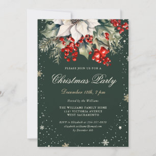 Elegant Green Poinsettia Berries Christmas Party Invitation