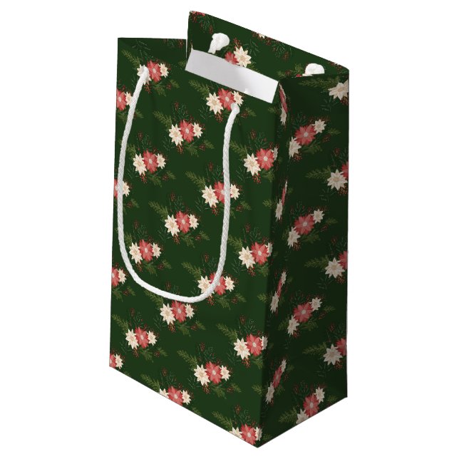 Elegant Green Poinsettia Christmas Small Gift Bag (Back Angled)