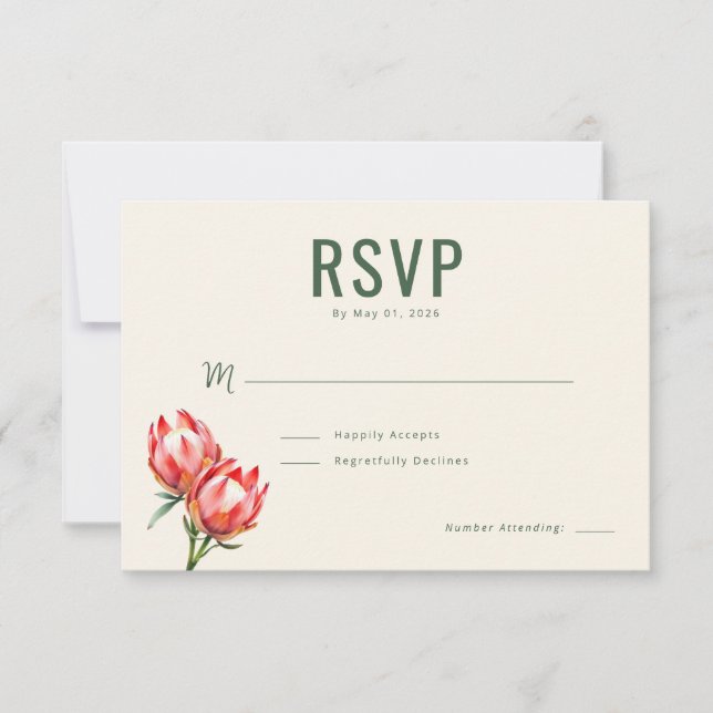 Elegant Green Protea Flowers RSVP Card (Front)