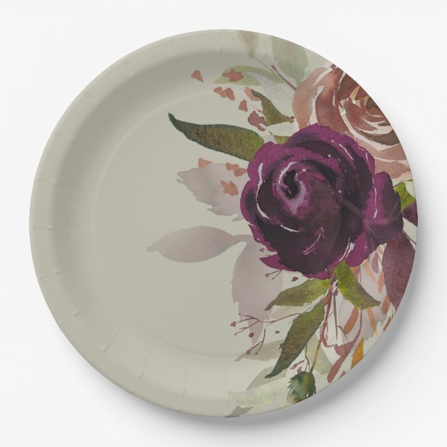Elegant Green Purple Plum and Gold Floral Wedding Paper Plate (Front)