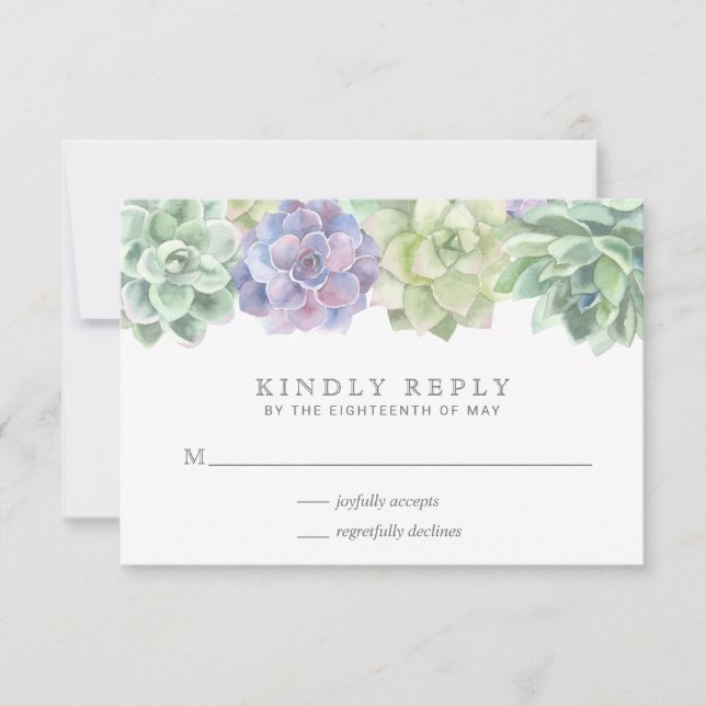 Elegant Green Purple Succulent Wedding RSVP Card (Front)