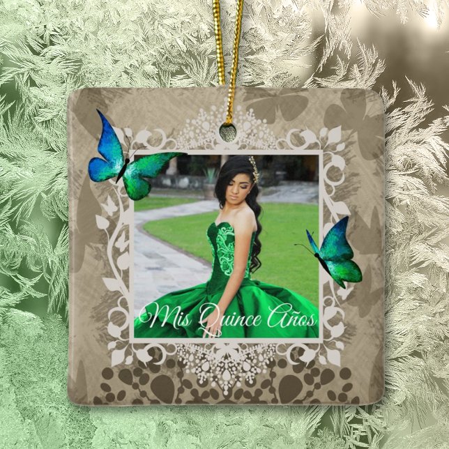 Elegant Green Quinceanera Keepsake Ornament (emerald green quinceanera christmas ornament keepsake mis quince anos green dress portrait)