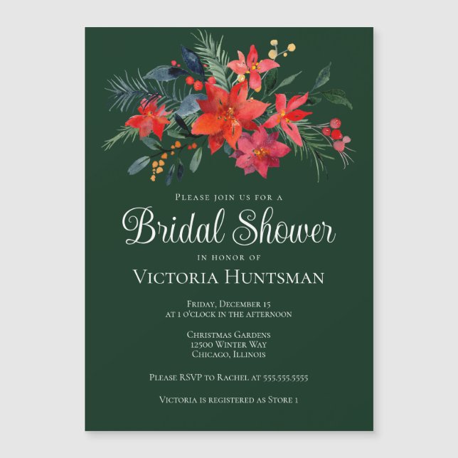 Elegant Green Red Christmas Floral Bridal Shower Magnetic Invitation (Front)