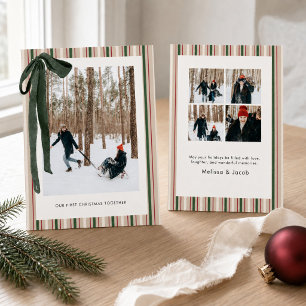 Elegant Green Red Cream Stripe Our First Christmas Holiday Card