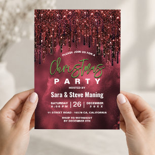 Elegant green red faux glitter drips Christmas Invitation