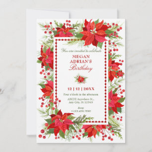 Elegant green red floral berry christmas birthday invitation