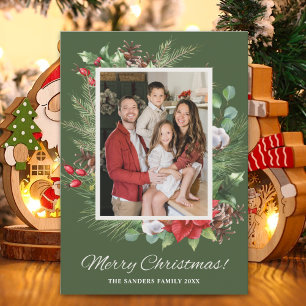 Elegant Green & Red Floral Christmas Photo Family Invitation