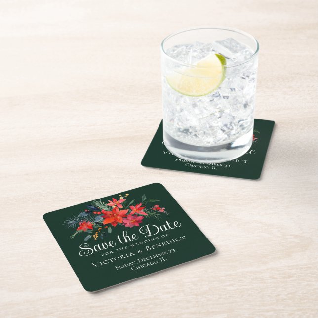 Elegant Green Red Floral Christmas Save the Date Square Paper Coaster (Insitu)