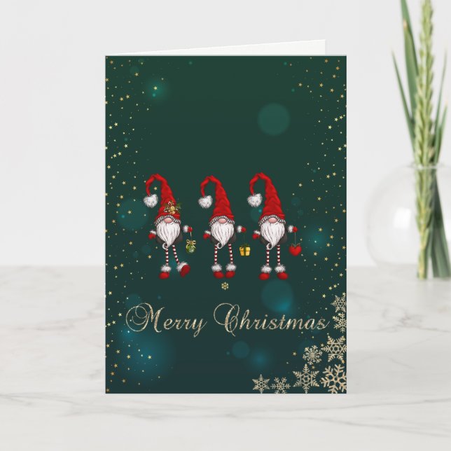 Elegant Green,Red Gnomes Snowflakes Holiday Card (Front)
