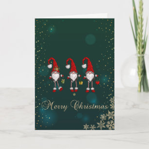 Elegant Green,Red Gnomes Snowflakes Holiday Card