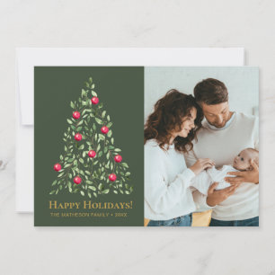 Elegant Green & Red Gold Botanical Family Photo  Holiday Card