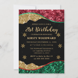 Elegant Green Red & Gold Snowflake 21st Birthday Invitation