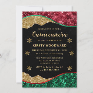 Elegant Green Red & Gold Snowflake Quinceanera Invitation