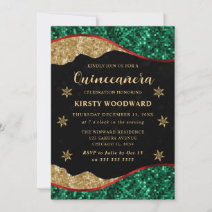 Elegant Green Red & Gold Snowflake Quinceanera Invitation
