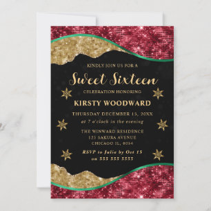 Elegant Green Red & Gold Snowflake Sweet 16 Invitation