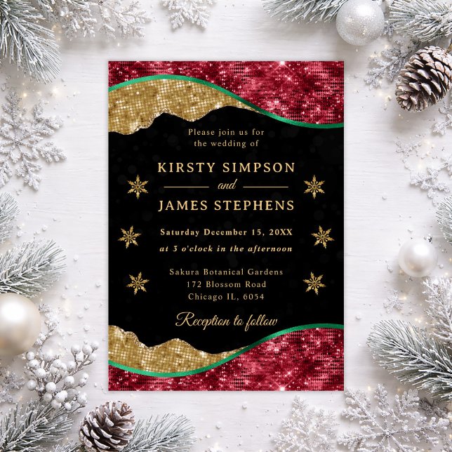 Elegant Green Red & Gold Snowflake Wedding Invitation (Creator Uploaded)