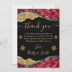Elegant Green, Red & Gold Snowflake Wedding Thank You Card