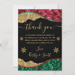 Elegant Green Red & Gold Snowflake Wedding Thank You Card
