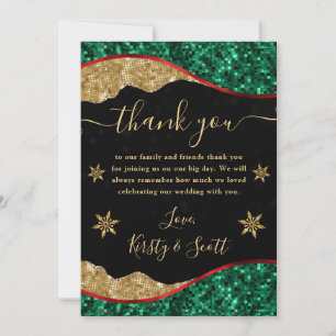 Elegant Green Red & Gold Snowflake Wedding Thank You Card