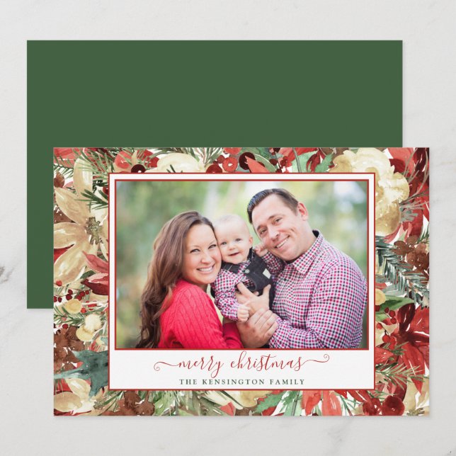 Elegant Green Red Holiday Floral Christmas Photo (Front/Back)