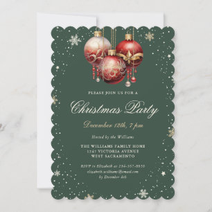 Elegant Green Red Ornaments Christmas Party Invitation