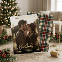 Elegant Green & Red Plaid Christmas Couple Photo